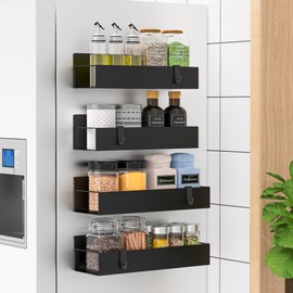 HuggieGems 4 Pack Magnetic Spice Storage Rack Organizer for Refrigerator and Oven, Jet Black Fridge Organizers and Storage