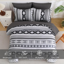 Dinjoy King Size Comforter Set Boho,Dark Gray Bedding Set 7 Pieces Bed in A Bag Aztec Stripes Comforters Black Complete Set Bohemian Bed Sets for Men Summer 90"×104"