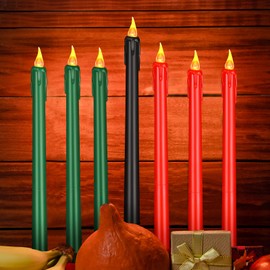 7 Pcs Kwanzaa Candle Set Flameless Mishumaa Saba 11'' LED Candles for Happy Kwanzaa Decor Green Red Black Taper Candles Battery Operated Advent Candle for Kwanzaa Kinara Set Wreath Dinner Church Home
