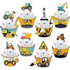 Construction Cupcake Toppers and Wrappers, Set of 48pcs Tractor Digger Truck Forklift Dump Bulldozer Road Roller Engineering Themed for Kids Boys Happy Birthday Baby Shower Party Supplies