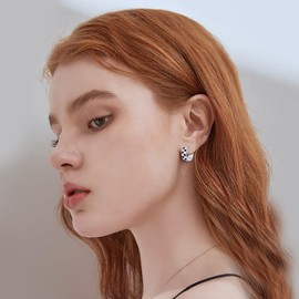 White Black Plaid Hoop Earrings for Women 925 Sterling Silver Huggie Hoops Hypoallergenic Hooped Gifts Her Birthday Bff