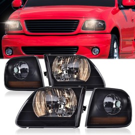 CNNELL Headlights Assembly Compatible with 2004 F150 Heritage/1998-2003 F150 Truck/1997 1998 1999 2000 2001 2002 Ford Expedition/1997 F150 Truck Smoky lens Black Housing Amber Reflector 1 Pair