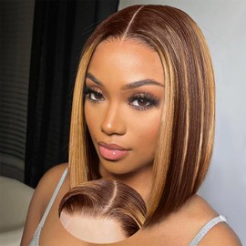 Glueless Wear and Go Bob Wig Human Hair Pre Plucked Short Straight Bob Wigs for Black Women Pre Cut 4×4 HD Lace Wigs Human Hair Wear and Go Bob Wigs Blonde Highlight 12 Inch