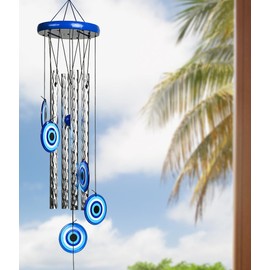 BEZAVO 27-Inch Evil Eye Wind Chime with 4 Silver Pipes for Positive Energy, Evil Eye Wind Chime for Home Décor, Wall Hanging, Living Room, Balcony & Garden Indoor and Outdoor Use Housewarming Gift
