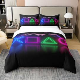 Gamer 100% Cotton Duvet Cover, 135 x 200 cm, Gaming Flannel Bedding Set, Gamepad Comforter Cover, Games Neon Quilt Cover for Children, Boys, Teens, Teenagers, Living Room, Bedroom Decor, Black Purple