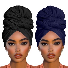 COOKOO 2 Piece Stretch Jersey Head Wrap Fashion Head Scarf Knit Turban Urban Hairband Long Solid Color African Shawl Long Head Band for Black Women(Black+Navy Blue)
