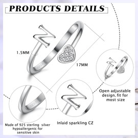 MILACOLATO 925 Sterling Silver Heart Initial Rings for Women Girls 18K Gold Plated Initial Heart Stackable Rings Adjustable Initial Rings for Teenagers Heart Alphabet Letter Rings Women, Sterling