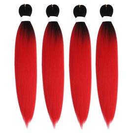 Pre Stretched Braiding Hair 24" 4 Packs/Lot Professional Itch Free Hot Water Setting Synthetic Braids Fiber Crochet Easy Braiding Yaki Texture Hair Extension Twist Braid(1B/Red)