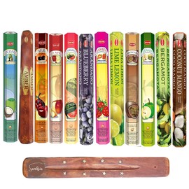 HEM Incense Sticks - 12 unique and premium fruity flavours - Such as but not limited to Blueberry, Coconut Mango, Watermelon, Coconut, Strawberry, Red Apple with SAMASIA incense holder
