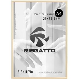 Risgatto A4 Picture Frame, 8.3x11.7 Inch Minimalist Aluminum Frame with HD Acrylic, Thin Metal Poster Frame for Wall Mount, Vertical & Horizontal Display – Gold