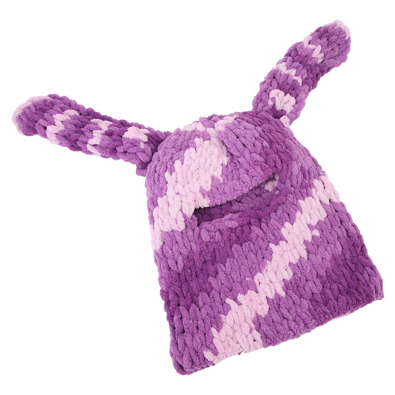 Bunny Ear Knitted Hat Purple Warm Windproof Thicken Stretchy Stylish
