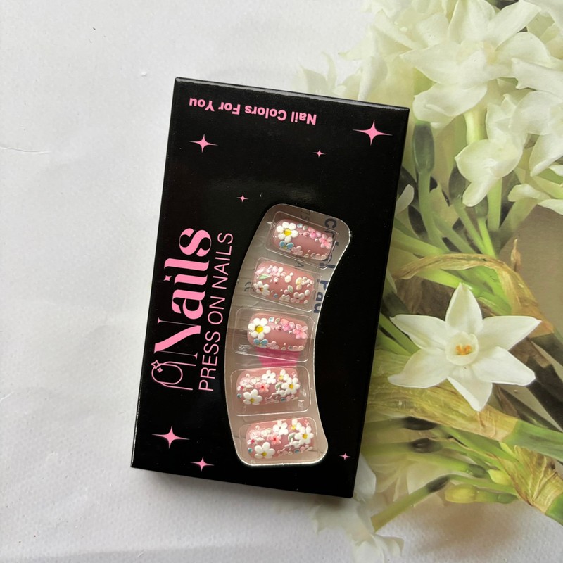 Pink Press on Nails Short Square Fake Nails Flowers False