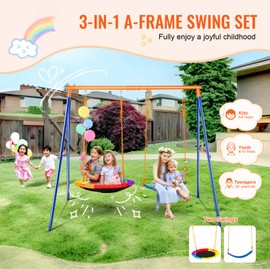 Happybuy Swing Set for Backyard, 1 Saucer & 1 Belt Swing Seat, 440lbs Load Capacity,Heavy Duty Metal A-Frame Stand, Adjustable Ropes, Outdoor Swingset for Kids