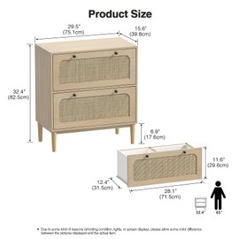 Skokliz Rattan Lateral File Cabinet with 2 Drawers,Filing Cabinet with Adjustable Hanging Bar, Printer Stand & Home Office Storage for Letter, A4 & Legal Size