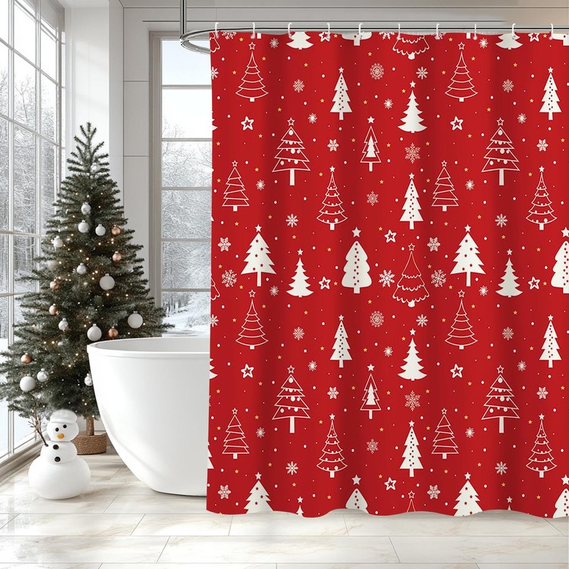 AIBIIN Red Christmas Shower Curtain Xmas Tree Snowflakes Bath Curtains