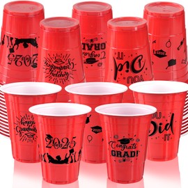 CUPLOOV Graduation Decorations 2025 Party Cups - 50pcs 16 Oz Red and Black Disposable Graduation Plastic Cups for School Class of 2025 Grad Celebration Party Favors Supplies (5 Designs)