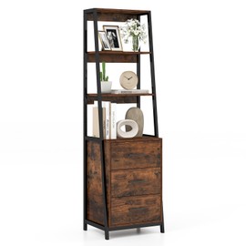 LOKO Industrial Ladder Bookshelf, Freestanding 4-Tier Bookcase with 3 Drawers & Metal Frame, 69” Tall Wooden Storage Organizer for Living Room, Office, Study Room & Entryway (Rustic Brown)