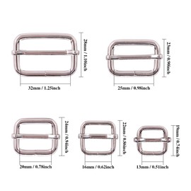 Swpeet 50Pcs 5 Sizes 1/2" 3/4" 1" 5/4" 5/8" Multi-Purpose Metal Rectangle Adjuster Triglides Slides Buckle for Belts Hardware (Silver)