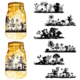 CREATCABIN 6Pcs Fairy Mushroom Silhouettes Mason Jar Decor PVC Laser Cut Fairies Scrapbook Cardboard Solar Lantern Hanging Cutouts Ornaments for Lantern Frosted Glass Window Black 8x3.5Inch-No Sticker