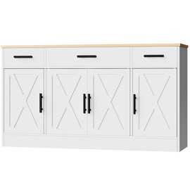 Shintenchi Buffet Cabinet with Storage,53.4" Large Kitchen Storage Cabinet with 3 Drawers and 4 Doors,Wood Farmhouse Buffet Sideboard with Adjustable Shelf for Kitchen Living Room,White