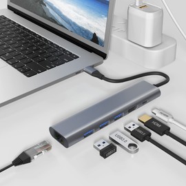 6-in-1 USB C Hub, USB C HDMI Adapter mit Gigabit Ethernet RJ45 + 100W PD Ladeanschluss + 3 USB 3.0+ HDMI 4k, USB C Docking Station für M acBook Pro/Air, Pad Pro,XPS, Dell,Surface und mehr Typ C Geräte
