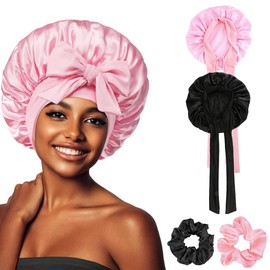 Duoleimi Pack of 2 Silk Bonet Sleep Cap with 2 Hair Elastics, Satin Hair Cap in Pink and Black for Hair Protection and Curls - Silk Bonnet Sleep Cap