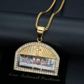 18K Gold Plated Lord's Supper Cross Pendant Stainless Steel Necklace For Men Women, The Last Supper Jesus with His Disciples Oil Painting 24 Inch Chain Christian Prayer Jewelry Gift