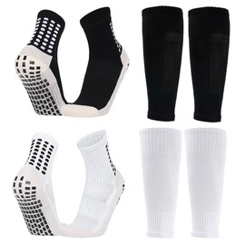 2 Set Kids Grip Soccer Socks with Shin Guard Sleeves, Anti-Slip for Ages 7-14 Youth Boys Football Basketball Training (2 Set: Black+White)