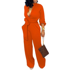Casual Jumpsuits for Women Elegant Orange Button Down Long Sleeve Long Straight Pants Jumpsuit with Pockets Belt(Medium)