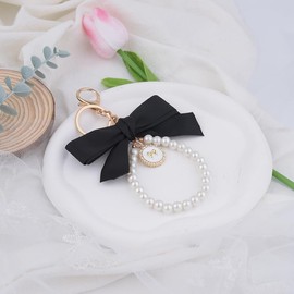 Black Bow Pearl Wristlet Keyring for Women Girls Large Ribbon Bow Key Chain for Women Girls Bracelet Wristlet Keychain Key Handbag Charms for Car Keys Bow Pearl Bracelet Keychain Cute Handbag Charm