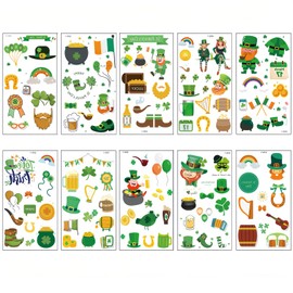 HIFANMM Green Shamrock Temporary Tattoos for Adult Kids, St Patrick's Day Fake Tattoos Lucky Green Clover Hat Beer Gold Coin Tattoo Stickers, Cartoon Tattoo for Irish Day Parade Party Decor 10 Sheets
