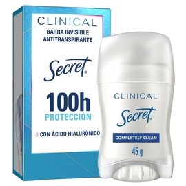 SECRET, Desodorante Mujer Clinical con Ácido Hialurónico, Barra Invisible, Completely Clean, 45 GR