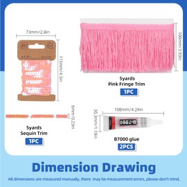 Glarks 4pcs 5 Yards x 4in Sewing Fringe Trim Set, Pink Tassels Trim with 5 Yards Sequin Strip and fixing tools, Chainette Fringe Trim, Versatile Fringes for DIY Craft Clothing and Dress Decoration