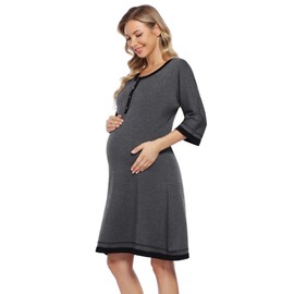 KOJOOIN Women's Birth Nursing Nightdress Cotton Maternity Nightdress with Button Placket, U Neck 3/4 Sleeves Nightdress Pyjamas for Pregnant or Nursing Women, Dark grey (long sleeve)