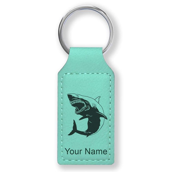 LaserGram Rectangle Keychain, Great White Shark, Personalized Engraving Included (Teal)