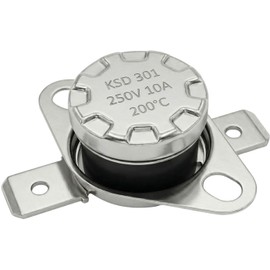 Lumonic KSD301 Round Temperature Switch, 200 °C ± 5 °C, Opener NC, Max. 250 V AC/10 A, Flat Plug, Diameter 15 x 12 mm, Thermal Switch, Bi-Metal, Coffee Machines, Irons, Ovens, Heaters