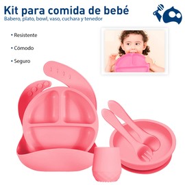 Bluelander Juego de Vajilla para Bebé de Silicón, 6 Piezas Antideslizantes, Fácil de Limpiar, Libre de BPA, Plato con Divisiones, Babero, Bowl, Vaso, Cuchara y Tenedor, Accesorios para Bebé (Rosa)