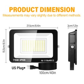 Willpower Outdoor LED Floodlights 75W 7500LM, Flood Lights with Plug, LED Security Lights 6000K Cold White Job Site Work Lamp IP66 Waterproof for Garden Garage Yard Lawn Court Workshop Patio
