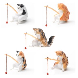 Sertay Pack of 5 Cat Fishing Small Ornaments, Fish Cat Miniature, Cat Fishing Decoration, Cat Angel Aquarium Decoration, Cartoon Cat Fishing Statue Decoration, for Aquariums, Garden Ponds, Mini Ponds