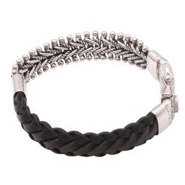 NOVICA Artisan handmade leather sterling silver bracelet black braided link no stone wristband chain indonesia [for Length 7.5 inch 7.5 in L x 0.7 in W for Length 8.25 inch 8.25 in L x 0.7 in W] '