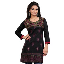 Kurti Top Long Tunic Women's Printed Blouse India Clothing (Black, XL)