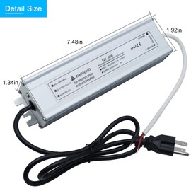 LightingWill Waterproof IP67 LED Power Supply Driver Transformer 60W 110V AC to 12V DC Low Voltage Output with 3-Prong Plug 3.3 Feet Cable for Outdoor Use