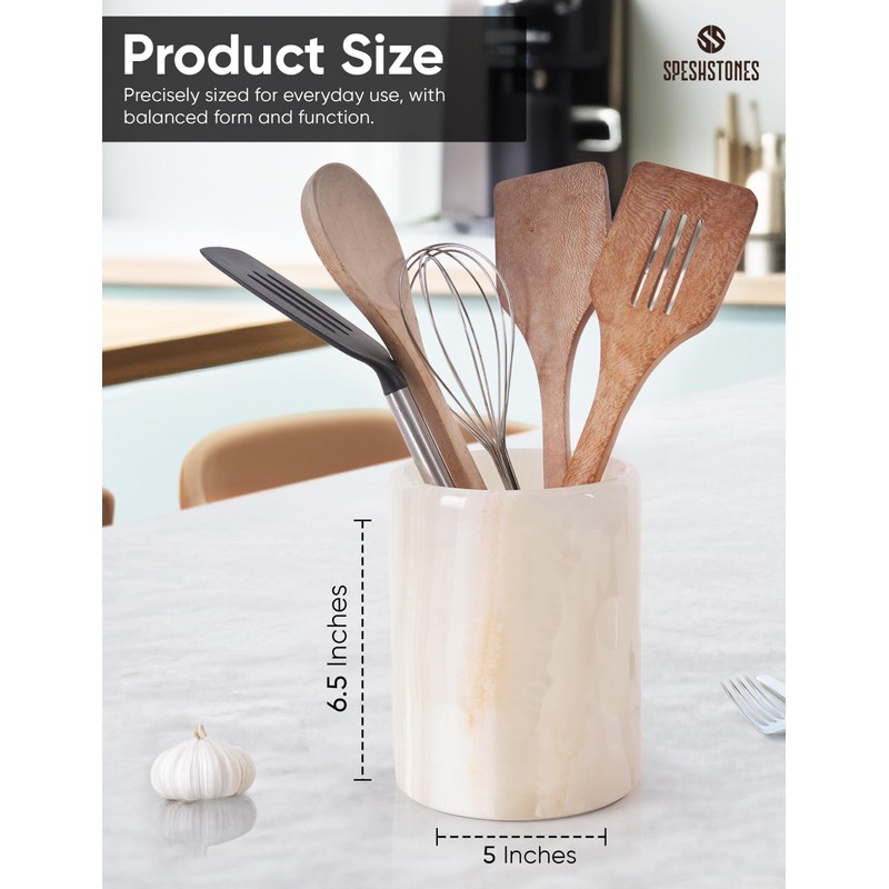 SPESHSTONES Marble Utensil Holder 6.5 Inch White Onyx Wooden Cooking