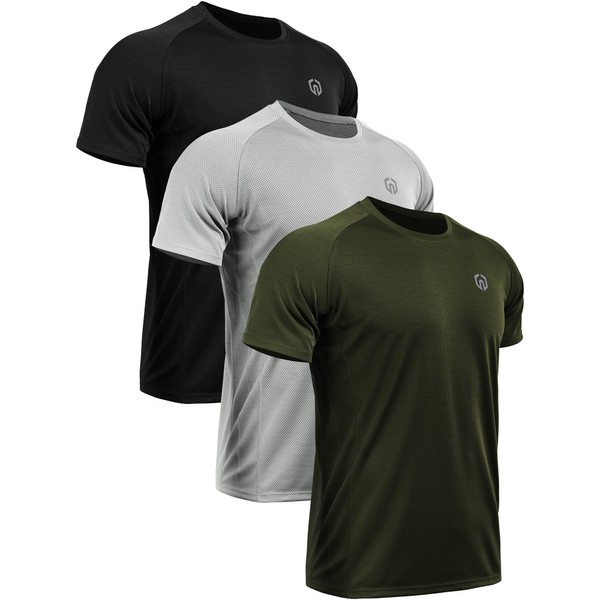NELEUS Men's 3 Pack Mesh Athletic Running T Shirt,5033,Black,Grey,Olive Green,US 2XL