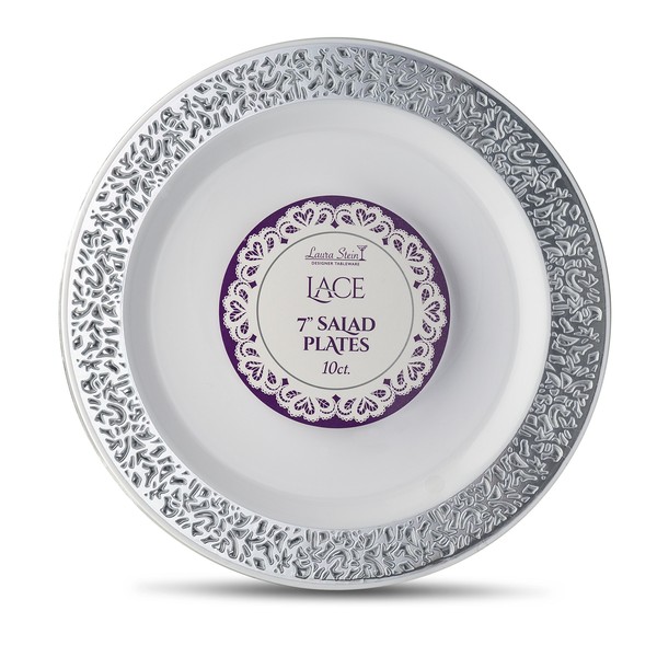 [60 Count - 7 Inch Plates] Laura Stein Designer Tableware Premium Heavyweight Plastic White Appetizer - Salad Plates With Silver Border, Party & Wedding Plate, Lace Series, Disposable Dishes