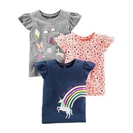 Simple Joys by Carter's Girls' Short-Sleeve Shirts and Tops, Pack of 3, Grey Rainbow/Light Orange Mixed Print/Navy Unicorn, 4T
