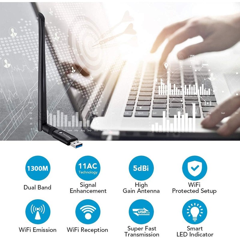 WiFi USB Adapter （AC1300 Dual Band(5.8GHZ/Max 867Mbps & 2.4GHZ/Max 300Mbps),