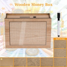 Alyvisun Wooden Money Box with Marker Stickers, Money Box with Counter, Reusable Cash Box, Wooden Money Box with Savings Target for Checking, Money Saving Box, Money Saving Box, Cash Box, €500-€10,000