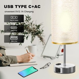 Table Lamp for Bedroom with Touch Control,Bedside Lamp with USB C+A Charging Ports& AC Outlets, Adjustable 3color LED Light for Home Decor/Nightstand/Bedroom/Office,Included Bulb and Fabric Lamp Shade