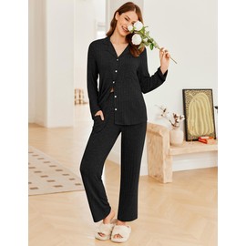 Ekouaer Womens Ribbed Knit Pajama Sets 2 Piece Lounge Set Long Sleeve Button Down Pjs Sleepwear Set with Pockets Black Small